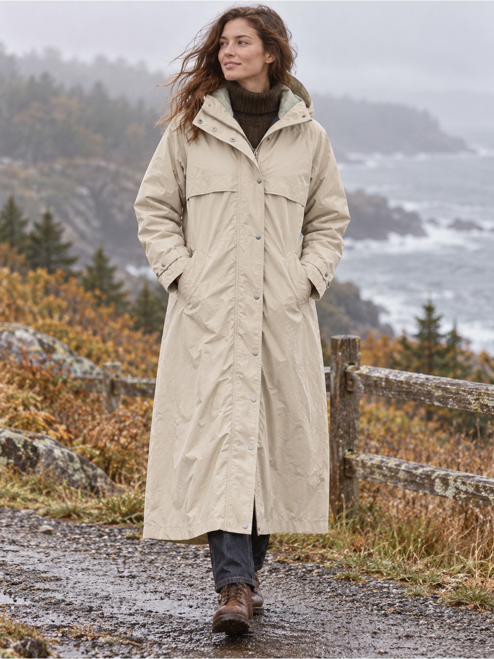 Vintage L.L.Bean Women’s M Long Hooded Raincoat Wool Lined Beige Tan Wool Liner